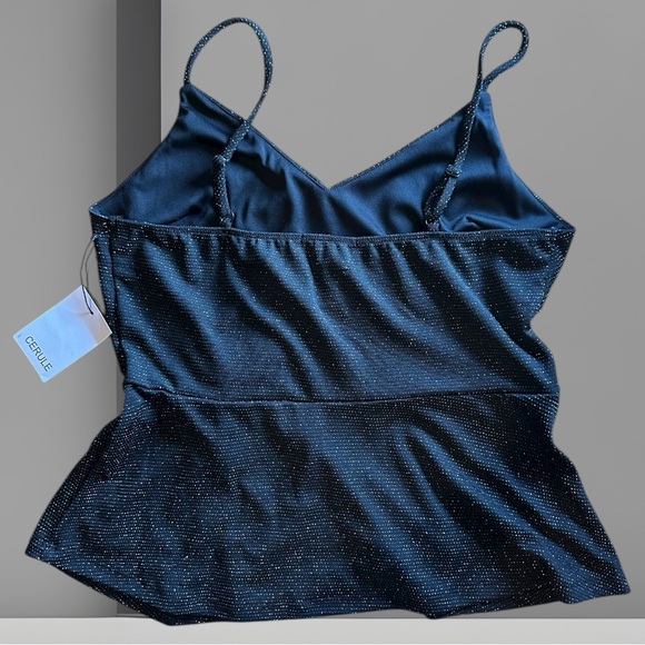 Side Twist Peplum Cami Tank Top Black Sparkle Lurex Knit Adjustable Straps - Picture 2 of 11